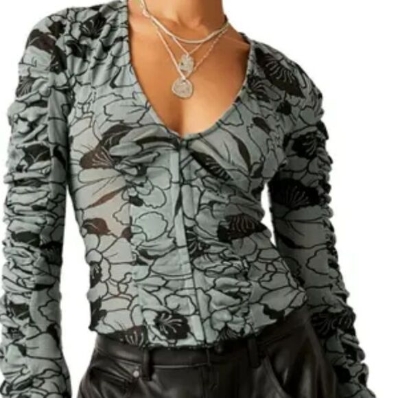 Nwt Free People Through the Meadow Ruched Mesh Top Steel Blue Long Sleeve - Picture 1 of 6